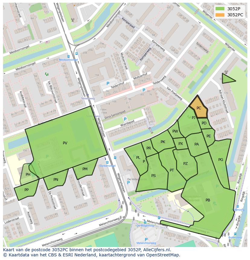 Afbeelding van het postcodegebied 3052 PC op de kaart.