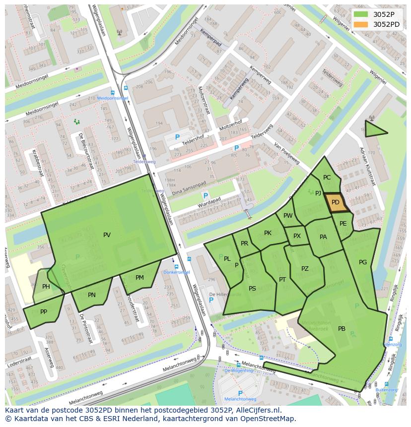 Afbeelding van het postcodegebied 3052 PD op de kaart.