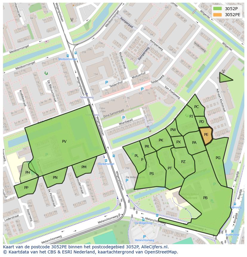 Afbeelding van het postcodegebied 3052 PE op de kaart.