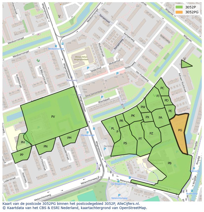Afbeelding van het postcodegebied 3052 PG op de kaart.