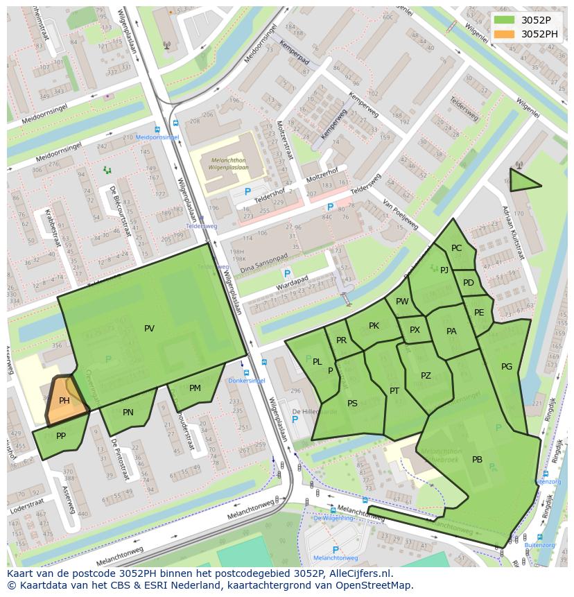 Afbeelding van het postcodegebied 3052 PH op de kaart.
