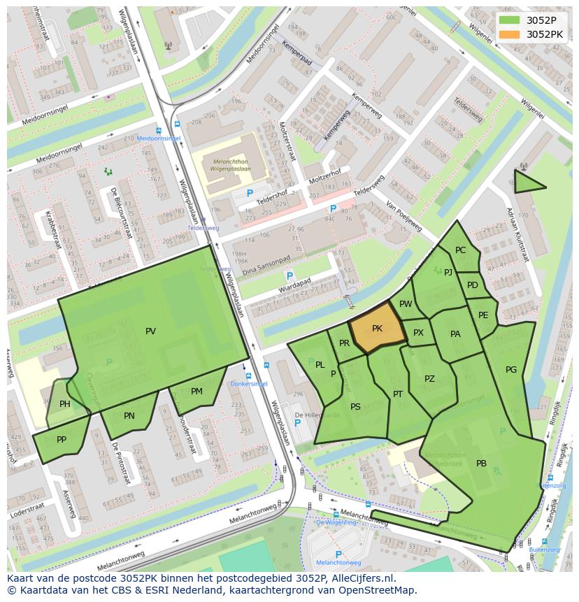 Afbeelding van het postcodegebied 3052 PK op de kaart.