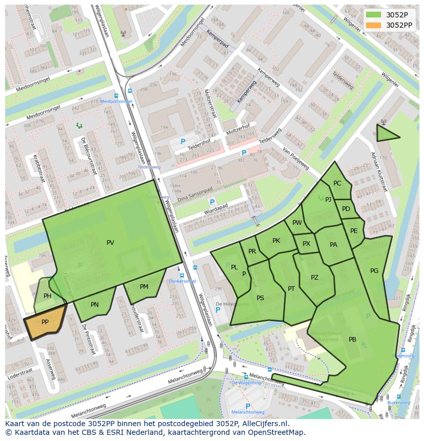 Afbeelding van het postcodegebied 3052 PP op de kaart.