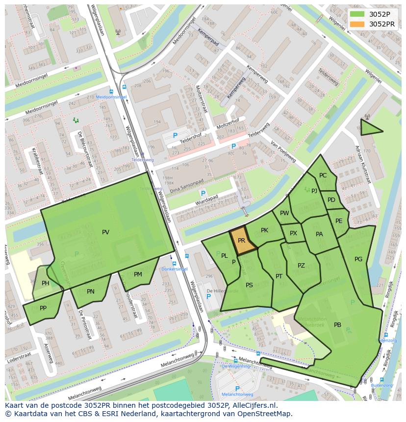 Afbeelding van het postcodegebied 3052 PR op de kaart.
