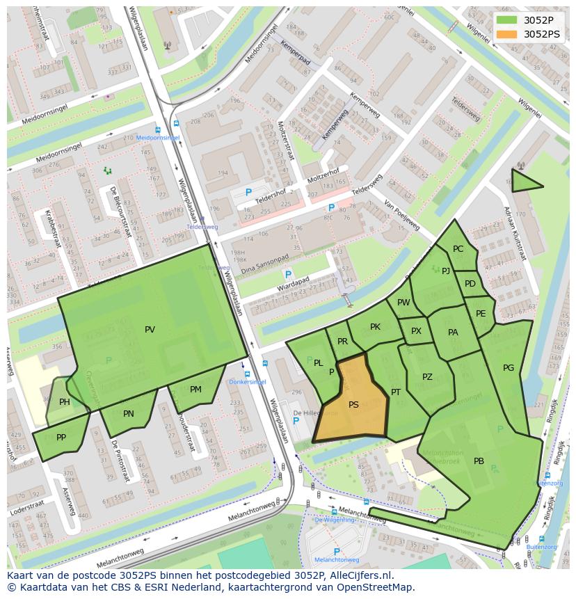 Afbeelding van het postcodegebied 3052 PS op de kaart.