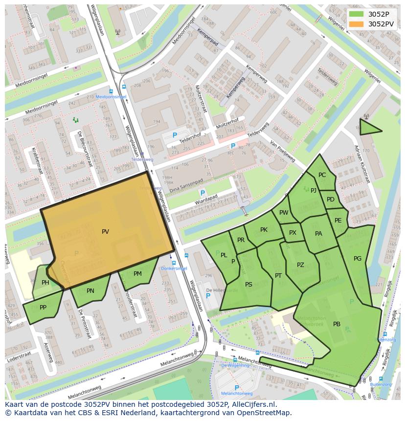 Afbeelding van het postcodegebied 3052 PV op de kaart.