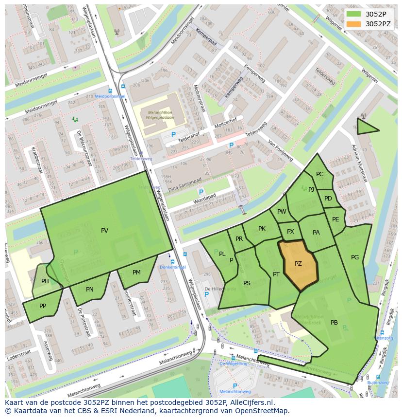 Afbeelding van het postcodegebied 3052 PZ op de kaart.