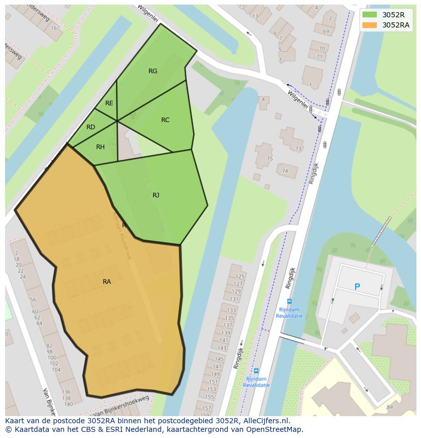 Afbeelding van het postcodegebied 3052 RA op de kaart.