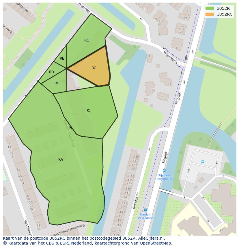 Afbeelding van het postcodegebied 3052 RC op de kaart.