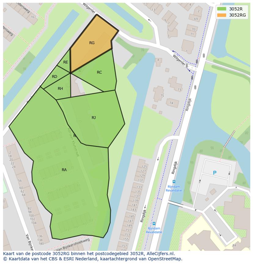 Afbeelding van het postcodegebied 3052 RG op de kaart.