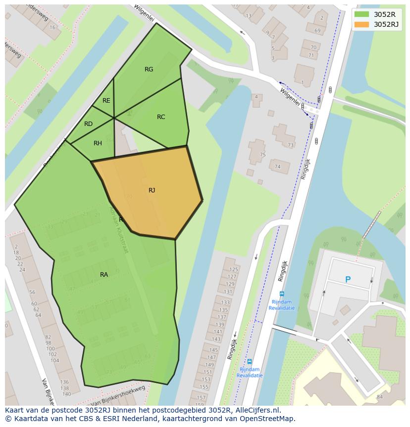 Afbeelding van het postcodegebied 3052 RJ op de kaart.
