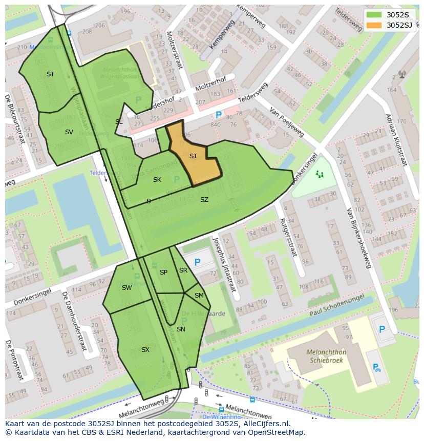 Afbeelding van het postcodegebied 3052 SJ op de kaart.