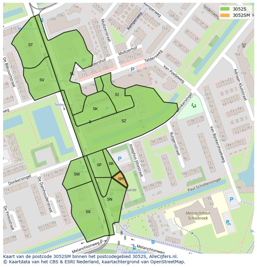Afbeelding van het postcodegebied 3052 SM op de kaart.