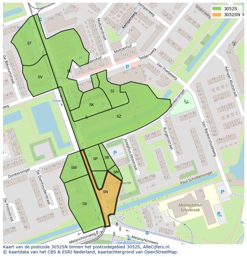 Afbeelding van het postcodegebied 3052 SN op de kaart.