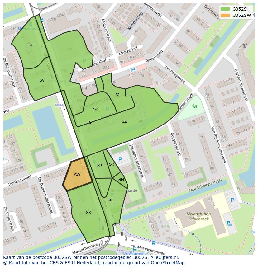 Afbeelding van het postcodegebied 3052 SW op de kaart.