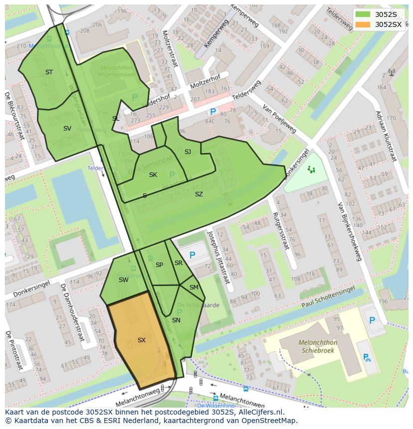 Afbeelding van het postcodegebied 3052 SX op de kaart.
