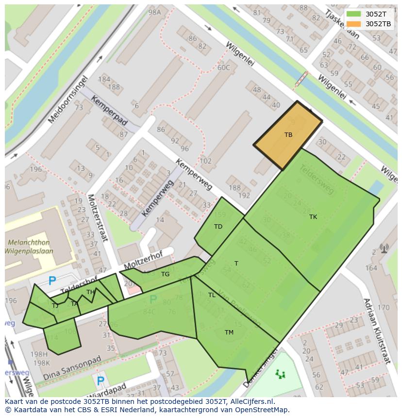 Afbeelding van het postcodegebied 3052 TB op de kaart.