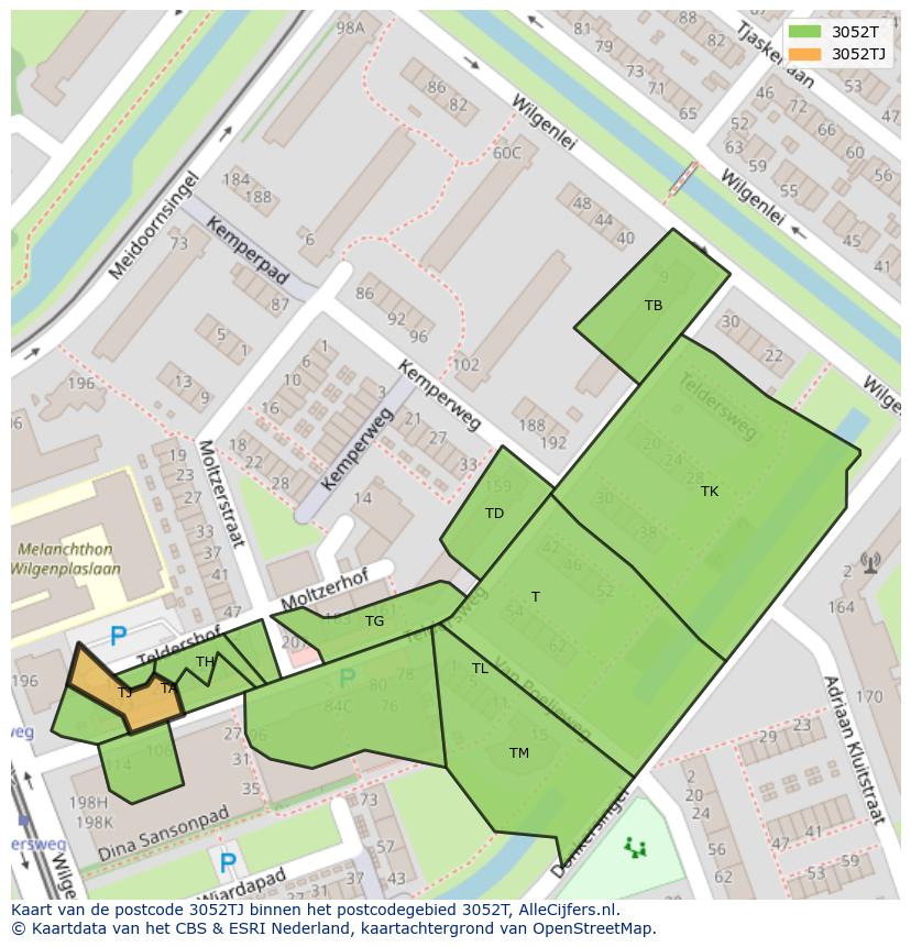 Afbeelding van het postcodegebied 3052 TJ op de kaart.