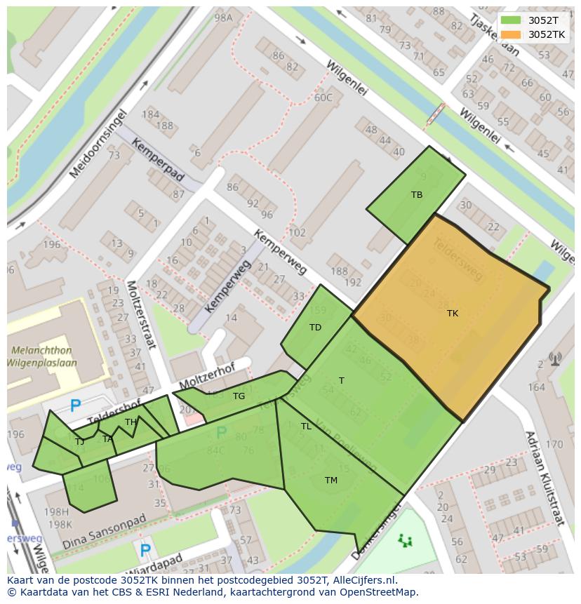 Afbeelding van het postcodegebied 3052 TK op de kaart.