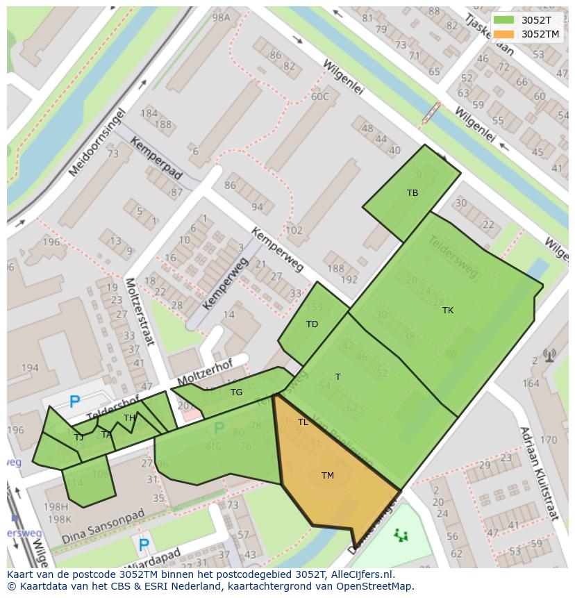 Afbeelding van het postcodegebied 3052 TM op de kaart.