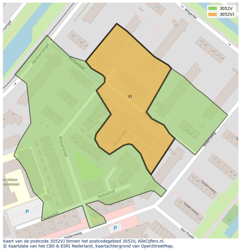 Afbeelding van het postcodegebied 3052 VJ op de kaart.
