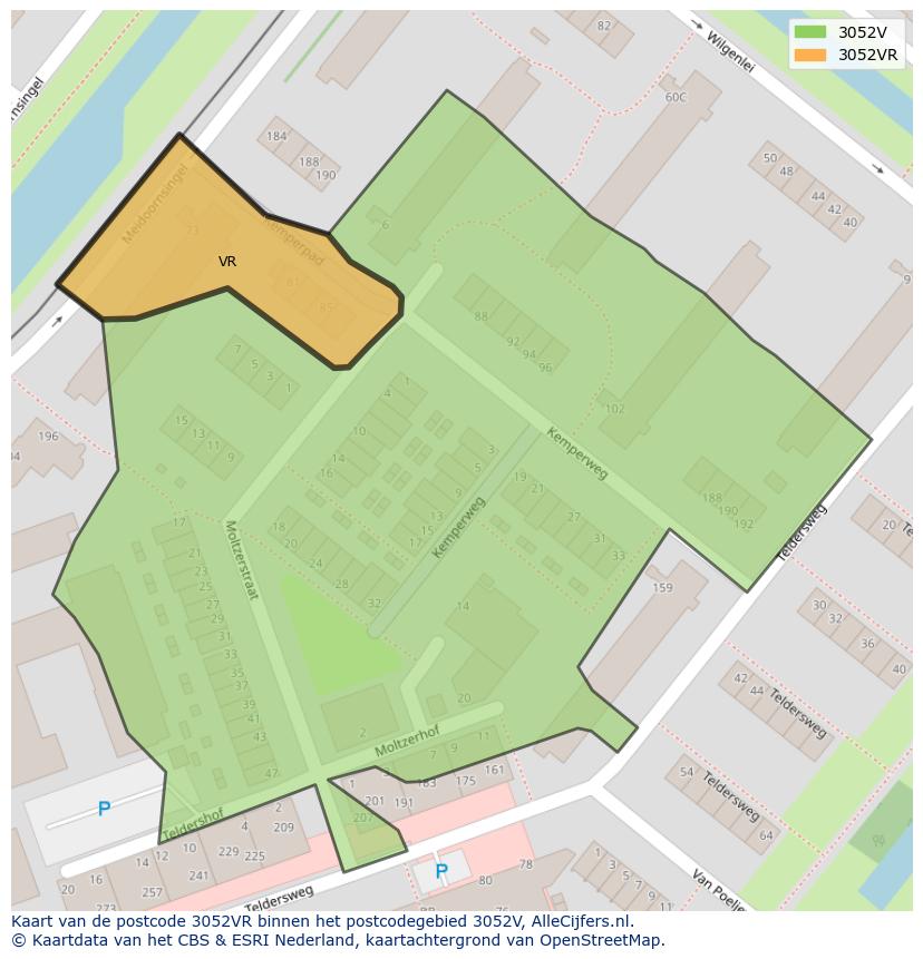 Afbeelding van het postcodegebied 3052 VR op de kaart.