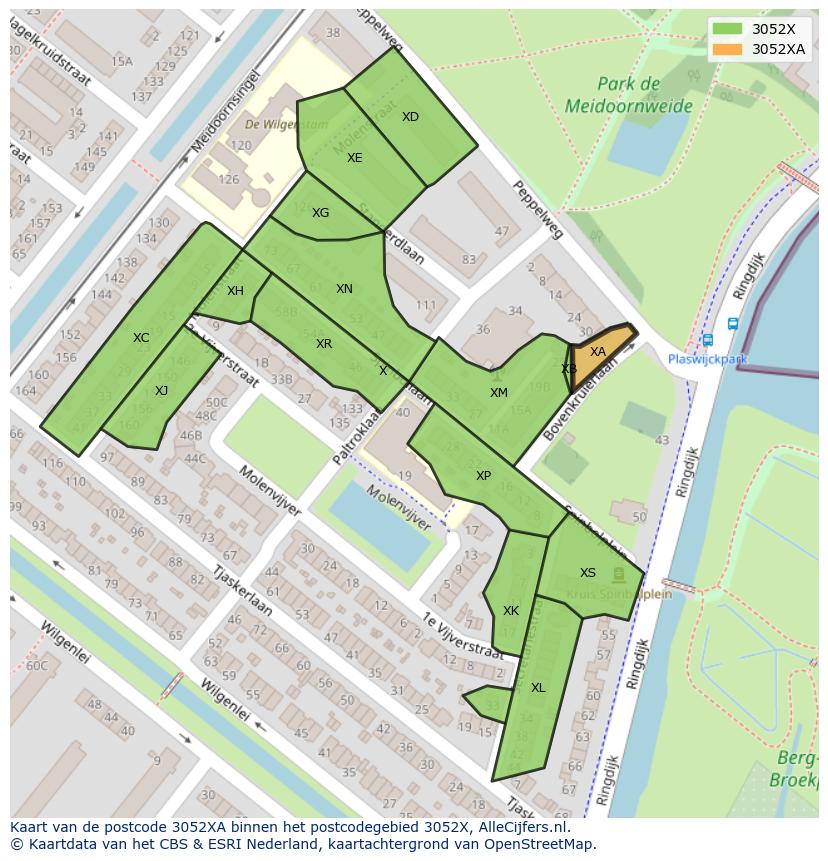 Afbeelding van het postcodegebied 3052 XA op de kaart.