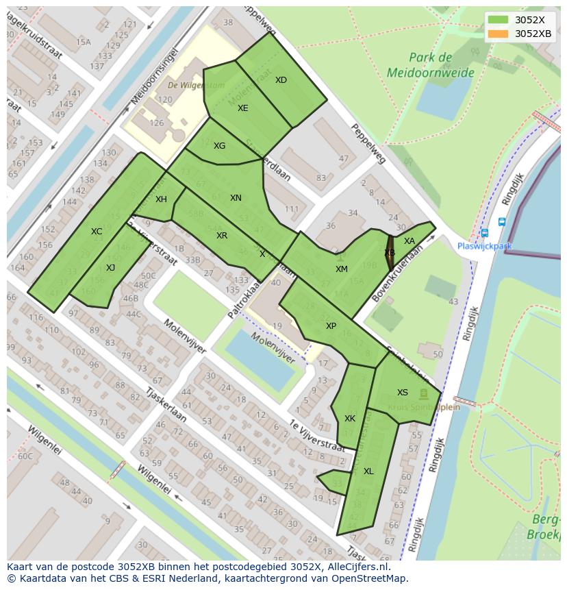 Afbeelding van het postcodegebied 3052 XB op de kaart.