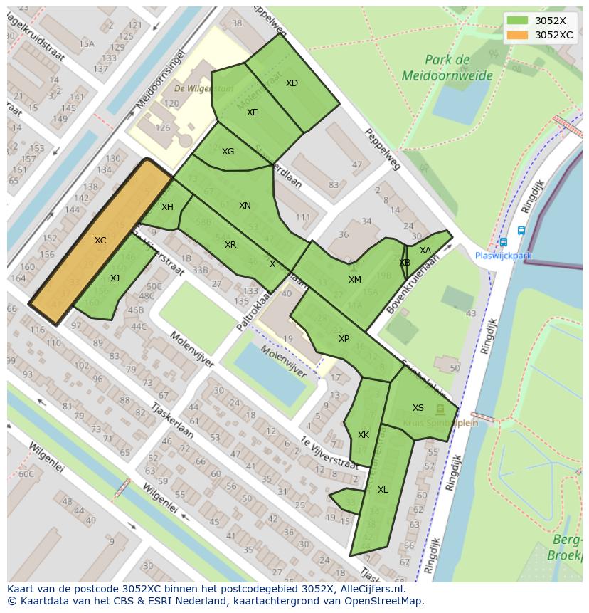 Afbeelding van het postcodegebied 3052 XC op de kaart.