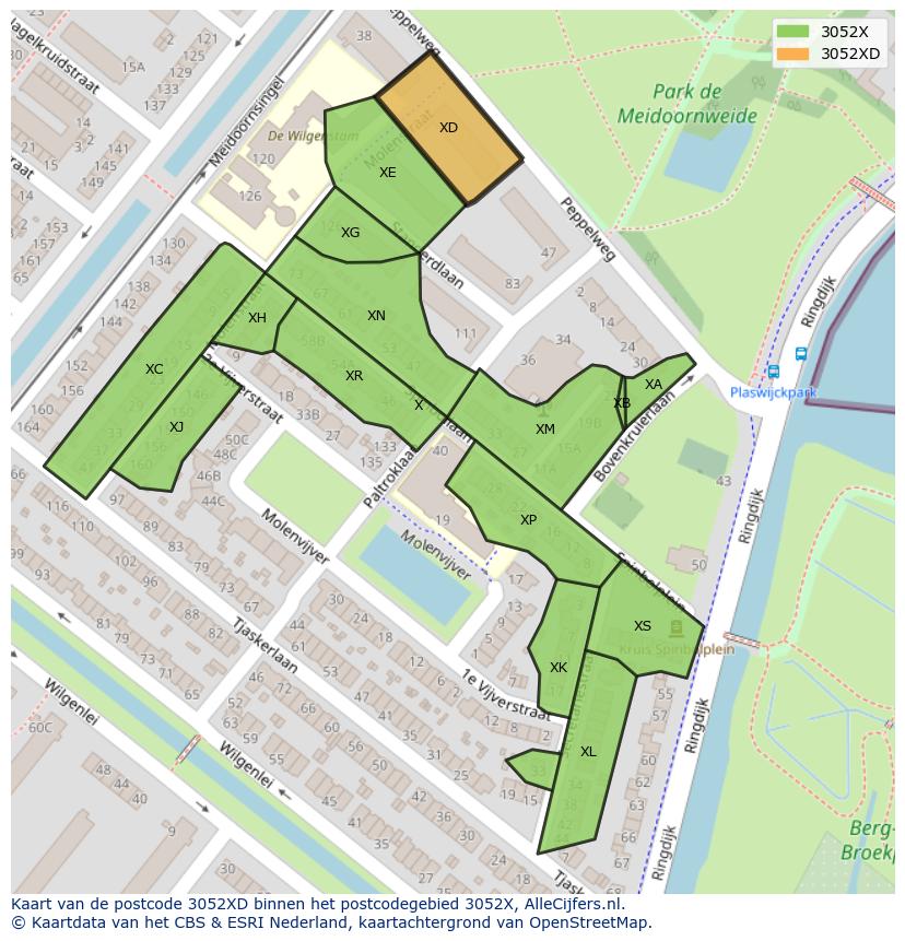 Afbeelding van het postcodegebied 3052 XD op de kaart.