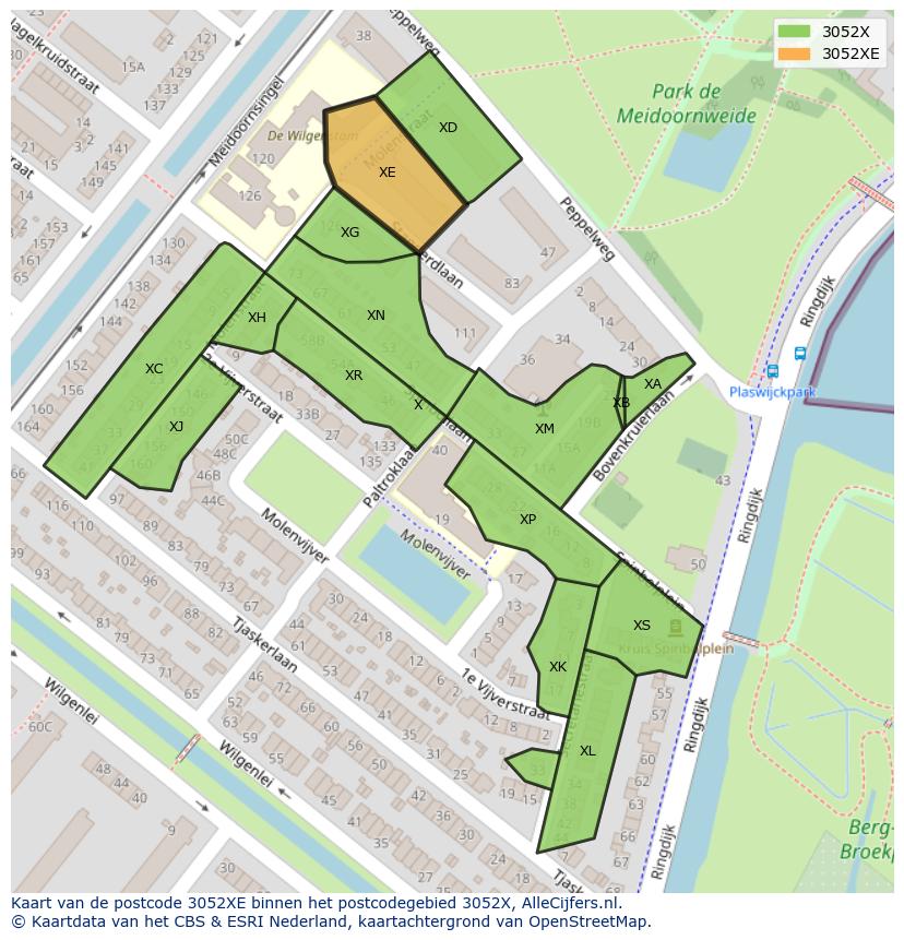 Afbeelding van het postcodegebied 3052 XE op de kaart.