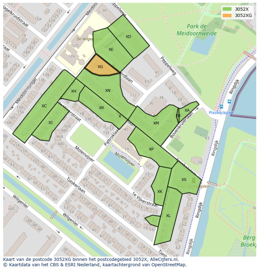 Afbeelding van het postcodegebied 3052 XG op de kaart.