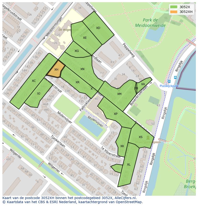 Afbeelding van het postcodegebied 3052 XH op de kaart.