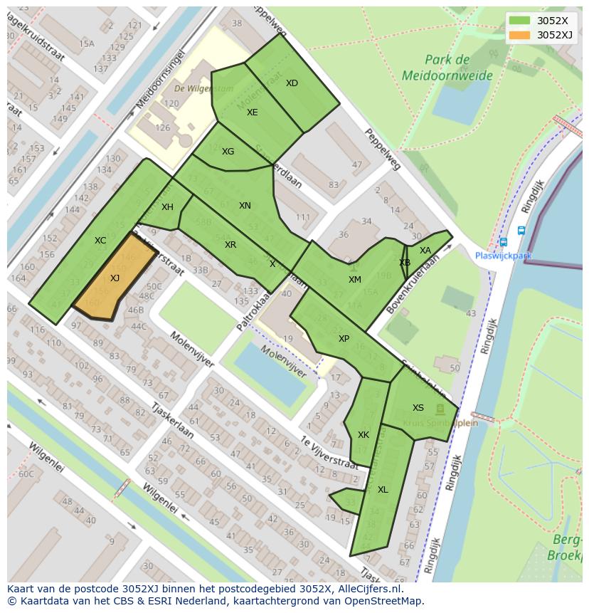 Afbeelding van het postcodegebied 3052 XJ op de kaart.