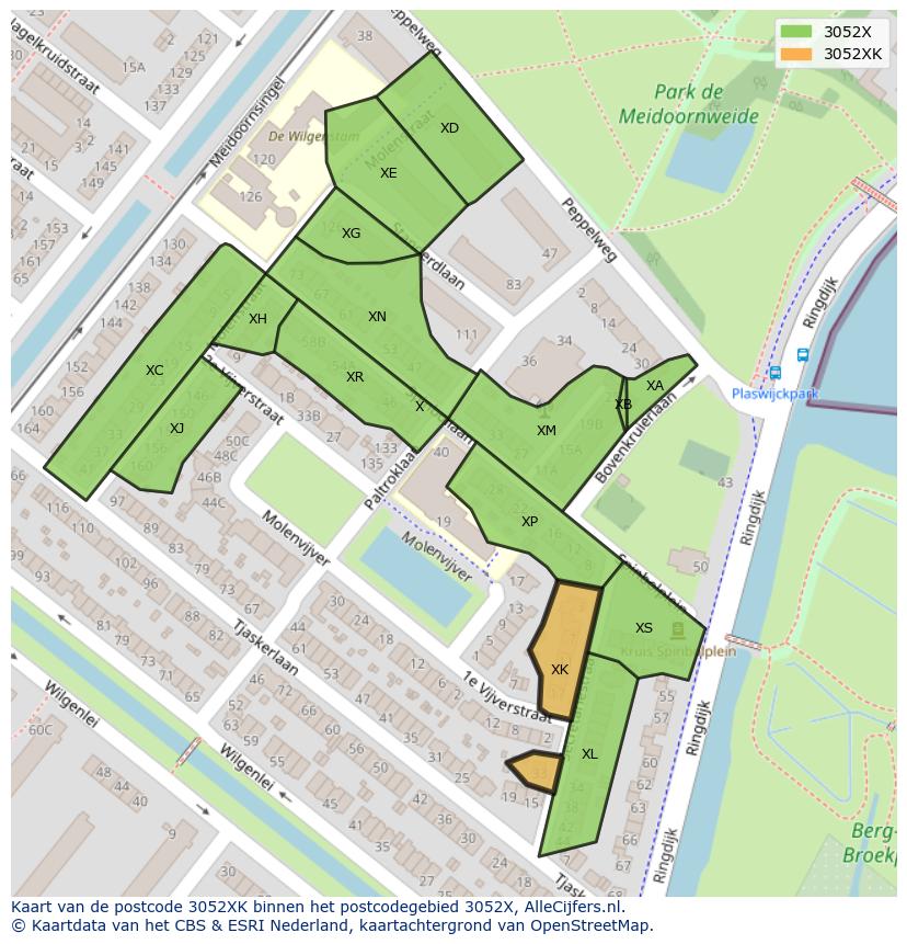 Afbeelding van het postcodegebied 3052 XK op de kaart.