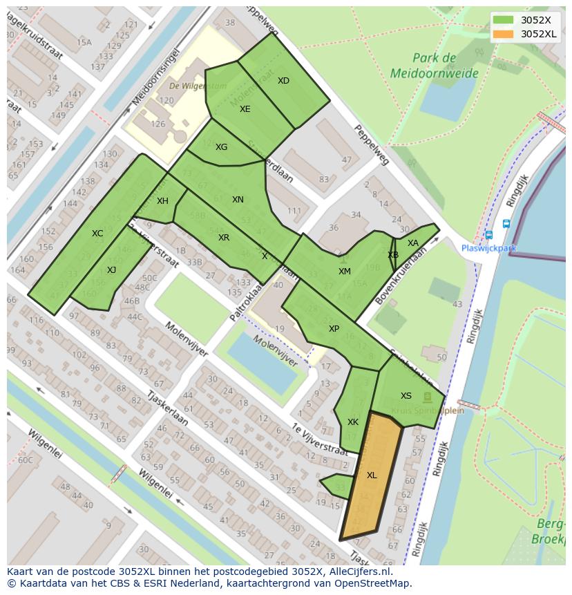 Afbeelding van het postcodegebied 3052 XL op de kaart.