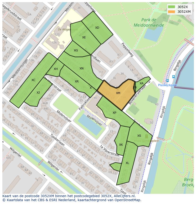 Afbeelding van het postcodegebied 3052 XM op de kaart.