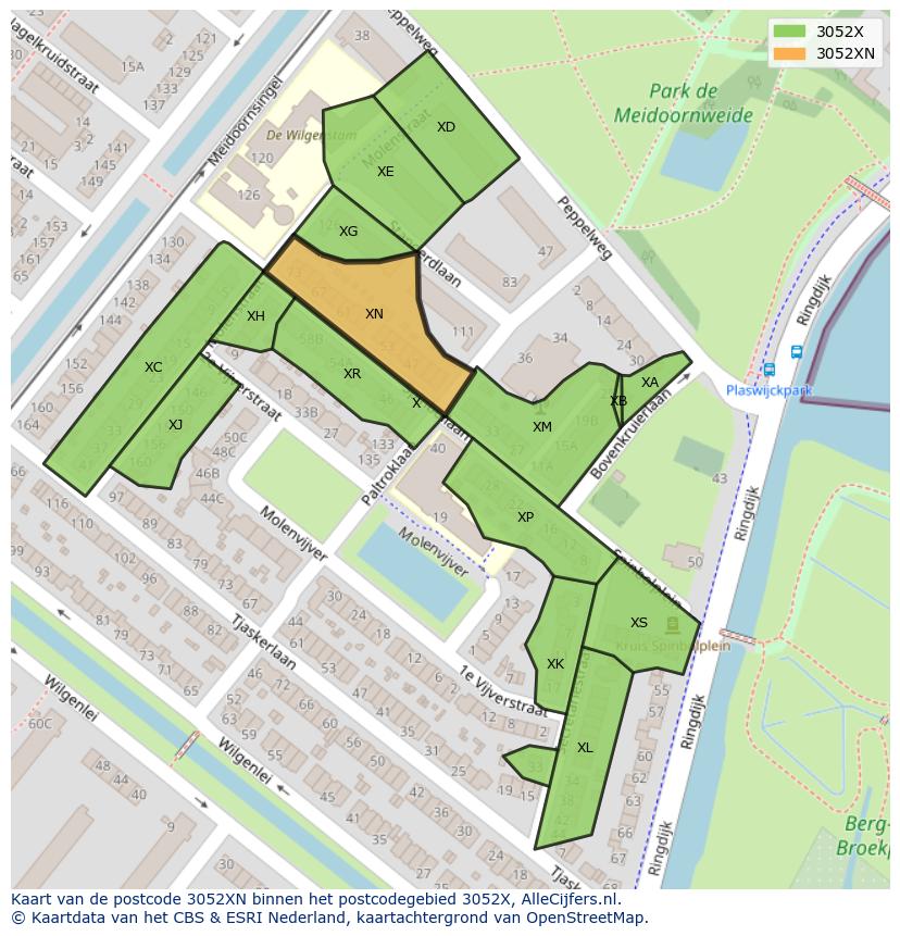 Afbeelding van het postcodegebied 3052 XN op de kaart.