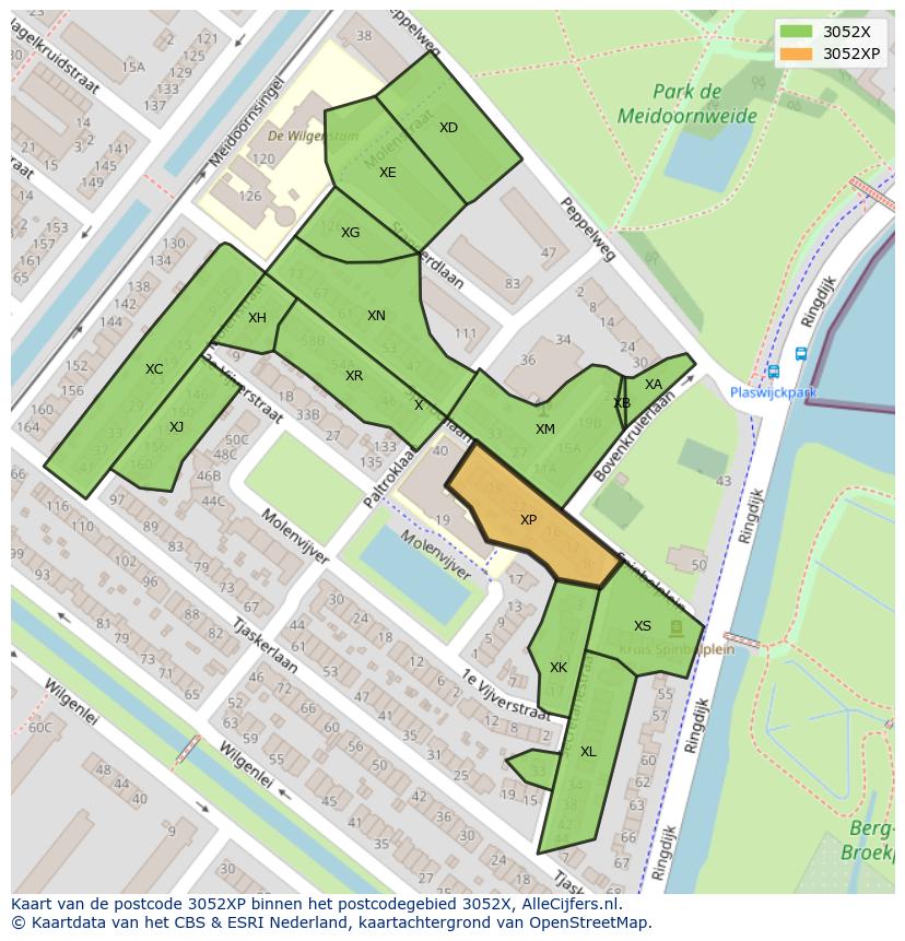 Afbeelding van het postcodegebied 3052 XP op de kaart.