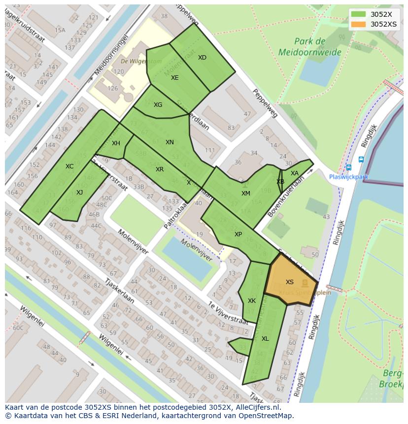 Afbeelding van het postcodegebied 3052 XS op de kaart.