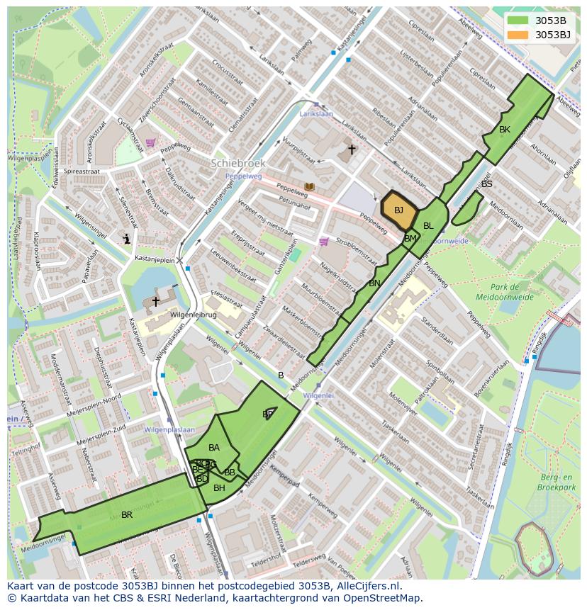 Afbeelding van het postcodegebied 3053 BJ op de kaart.
