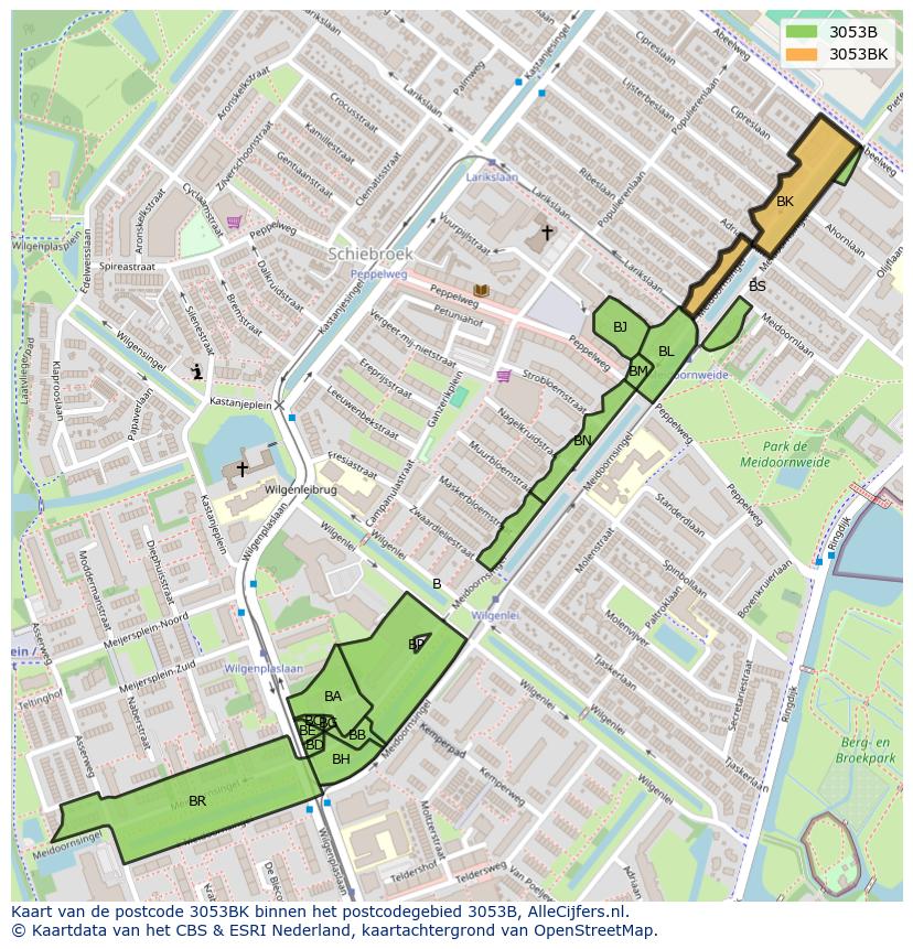 Afbeelding van het postcodegebied 3053 BK op de kaart.