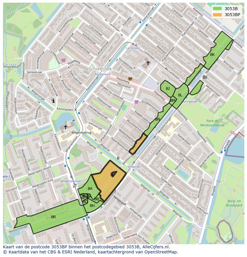 Afbeelding van het postcodegebied 3053 BP op de kaart.