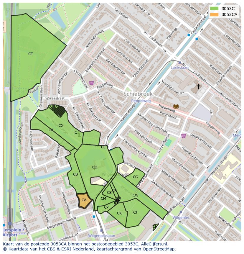 Afbeelding van het postcodegebied 3053 CA op de kaart.