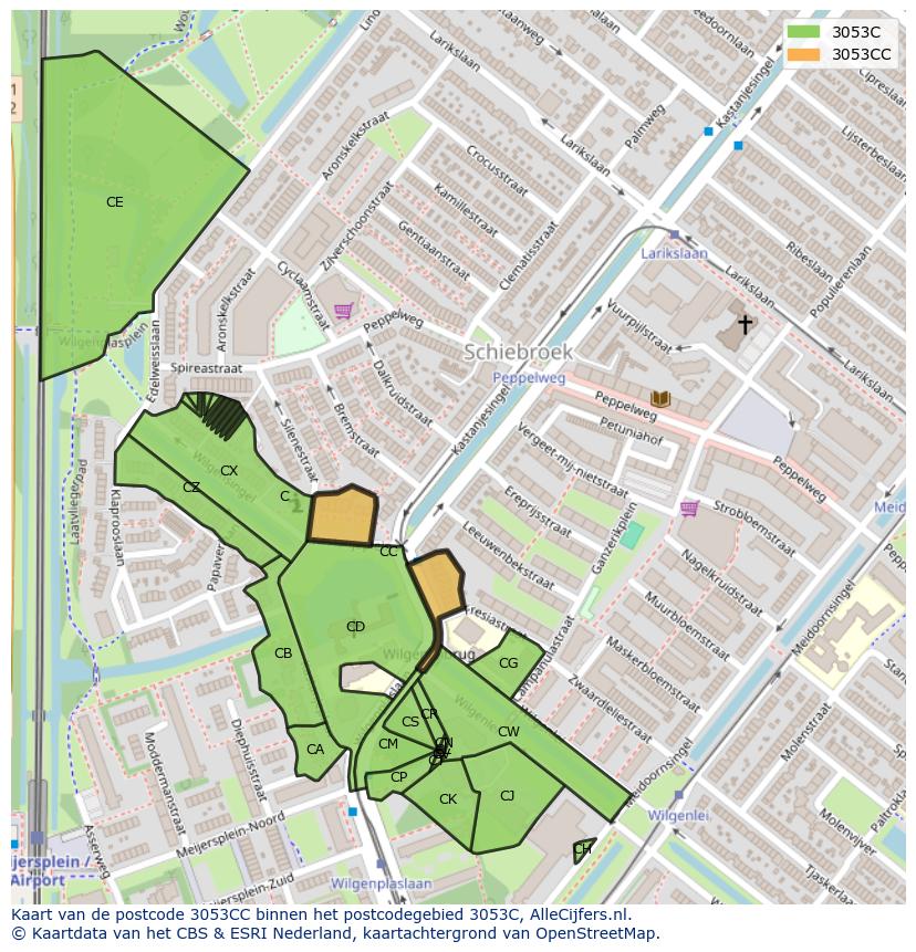 Afbeelding van het postcodegebied 3053 CC op de kaart.