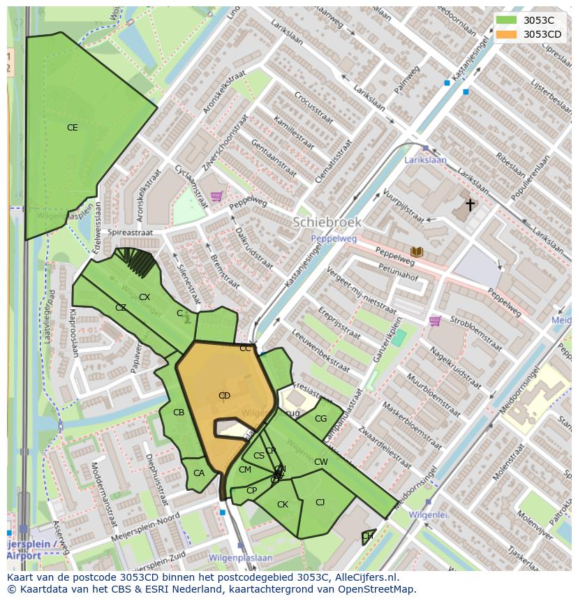 Afbeelding van het postcodegebied 3053 CD op de kaart.