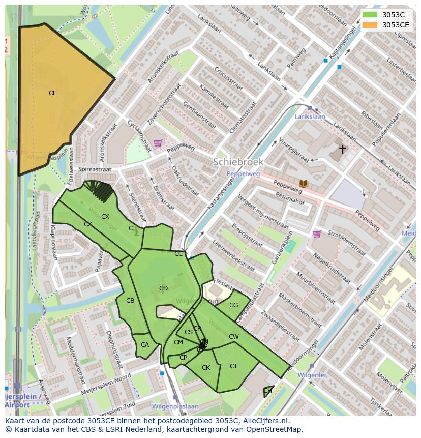 Afbeelding van het postcodegebied 3053 CE op de kaart.