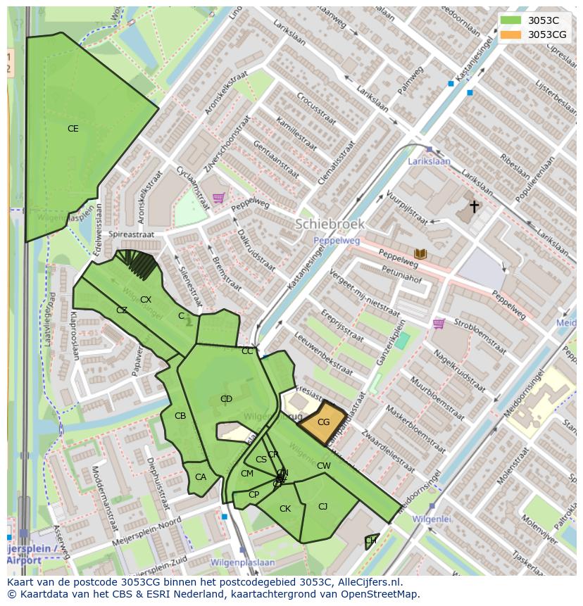 Afbeelding van het postcodegebied 3053 CG op de kaart.