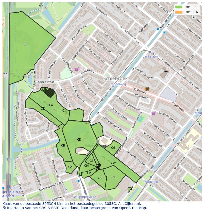 Afbeelding van het postcodegebied 3053 CN op de kaart.