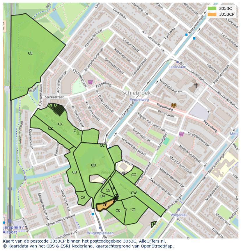 Afbeelding van het postcodegebied 3053 CP op de kaart.